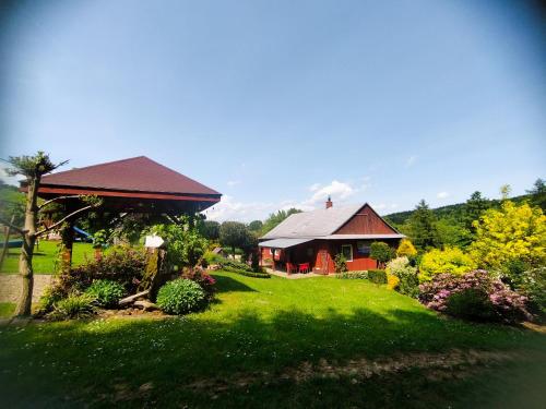 a house in a yard with a green lawn at Agroturystyka Pod Gruszą in Chyrowa