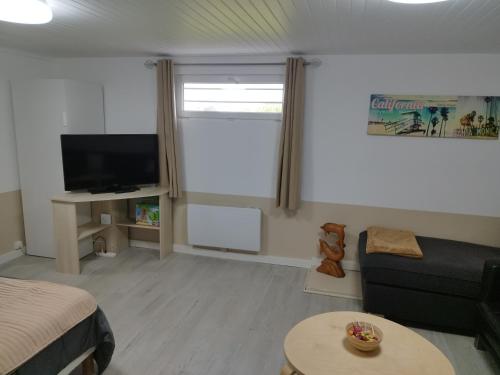 a living room with a bed and a couch and a tv at Disney grand F2 dans maison terrasse privée in Bouleurs