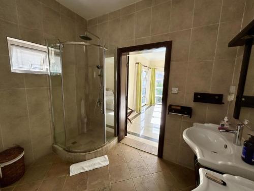 a bathroom with a shower and a sink at Sea view Ginger apartment in Pointe aux Biches