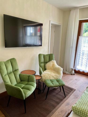 a living room with two green chairs and a tv at Schwarzwaldhotel Klumpp in Baiersbronn