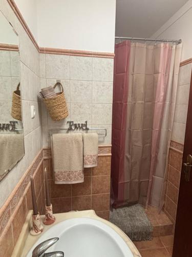 a bathroom with a shower and a sink and a tub at Casa D' Oliveira in Castro Verde