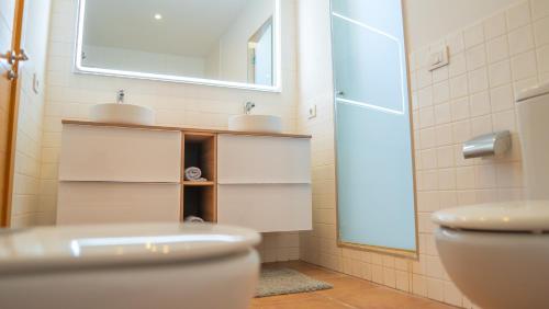 a bathroom with a sink and a toilet and a mirror at Villa Luisa - Relax with Ocean View and Pool in San Miguel de Abona