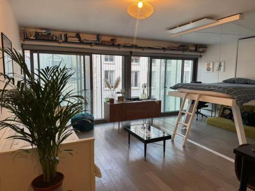 Cet appartement comprend une chambre avec une mezzanine et un salon. dans l'établissement Cozy appartement well located, à Paris