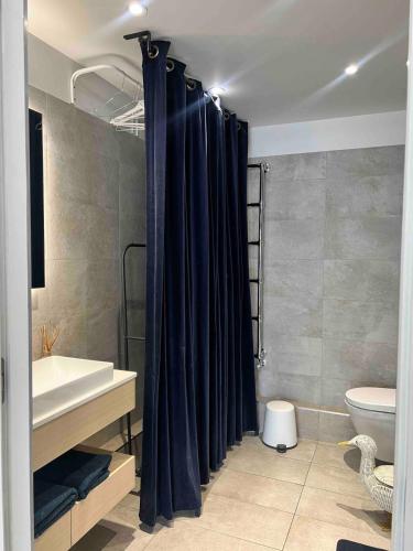 La salle de bains est pourvue d'un rideau de douche, d'un lavabo et de toilettes. dans l'établissement Cozy appartement well located, à Paris
