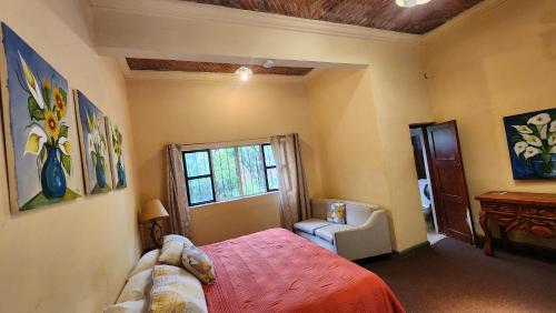 a bedroom with a bed and a chair and a window at Hotel Sautto in San Miguel de Allende