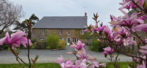 une maison en pierre avec des fleurs roses devant elle dans l'établissement Gite de l'arthour, à Notre-Dame-de-Cenilly