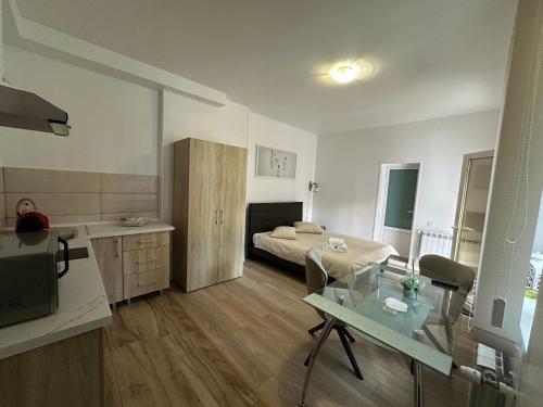 a living room with a bed and a glass table at Livada Studio Apartments in Braşov