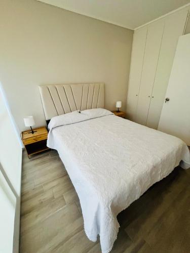 a bedroom with a large white bed with two night stands at Moderno departamento a metros de Movistar Arena in Santiago