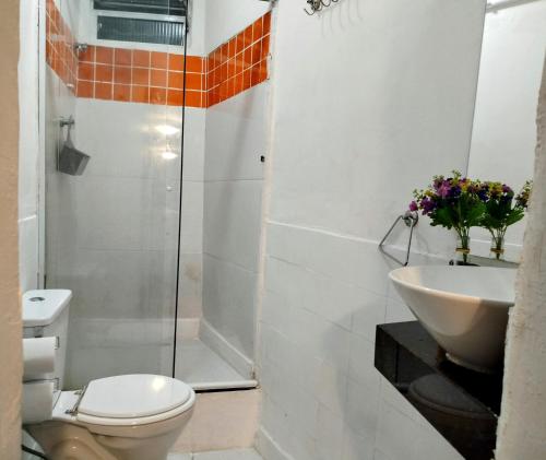 a bathroom with a toilet and a sink and a shower at Pura Vida Hostel in Rio de Janeiro