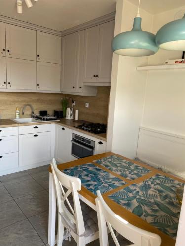 a kitchen with a table and chairs in a room at DorJan - Pokoje Gościnne in Dziwnówek