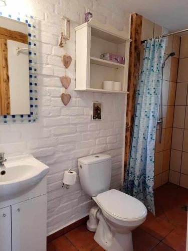 a white bathroom with a toilet and a sink at Agroturystyka Kaczeniec in Ustronie Morskie