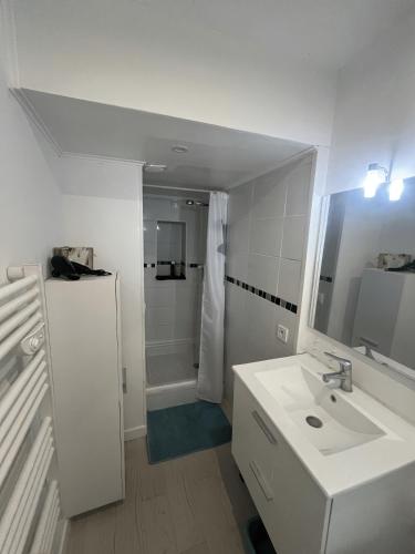 a white bathroom with a sink and a shower at Maison calme et climatisée - Proche Nîmes & Arles in Saint-Gilles