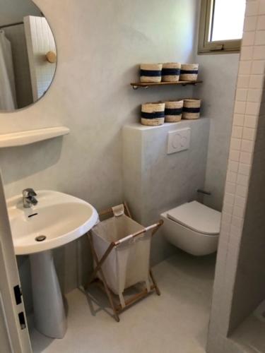 une salle de bain avec un lavabo, des toilettes et un miroir dans l'établissement Villa familiale dans beau domaine, à Villeneuve-Loubet
