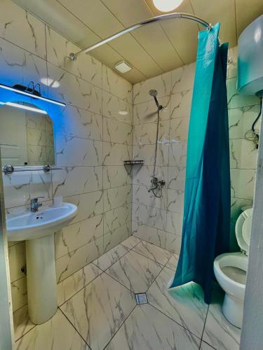 a bathroom with a shower and a sink and a toilet at Cozy-Corner Guesthouse in Mestia