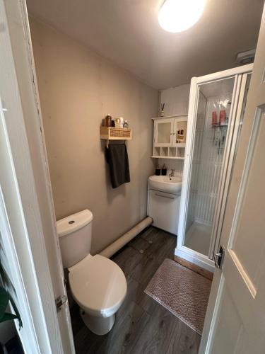 Un pequeño baño con inodoro y ducha. en Birkdale Golf Open Holiday Home, en Southport