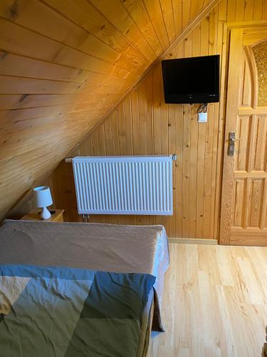 a room with a bed and a tv in a attic at DorJan - Pokoje Gościnne in Dziwnówek