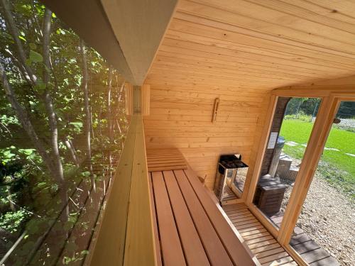 an inside view of a sauna with a bench at Cabana Luminis in Râşnov