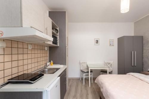 a small kitchen with a sink and a bed at Apartments TIME in Kotor