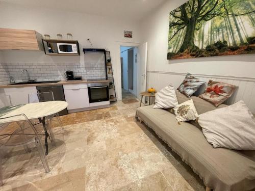 un salon avec un canapé et une table dans une cuisine dans l'établissement Appartement au cœur du village, à Saint-Rome-de-Tarn