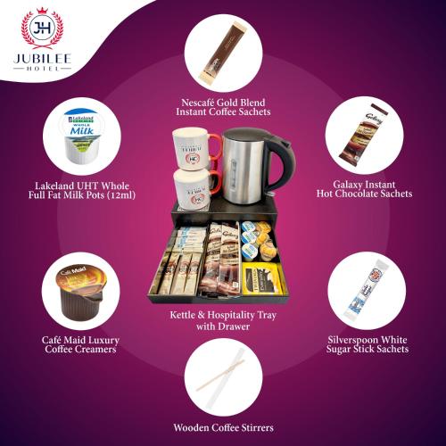 a poster for a coffee shop with different types of desserts at Jubilee Hotel Victoria in London