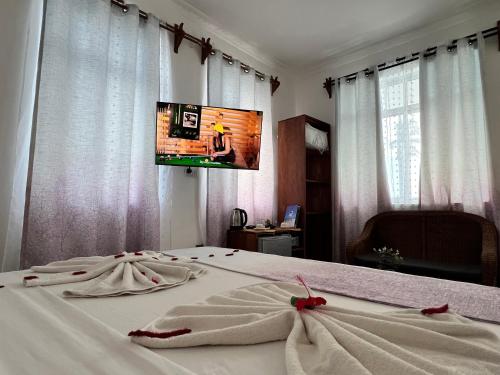 a bedroom with a bed with a tv on the wall at Nungwi Beach Front in Nungwi