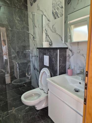 ein Badezimmer mit Toilette, Waschbecken und Dusche in der Unterkunft Apartman Olivera 2 in Čapljina