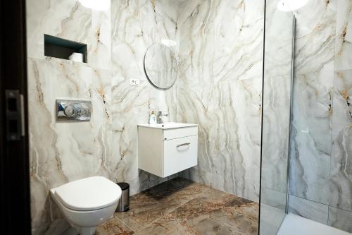 a bathroom with a toilet and a sink and a shower at Casa LaMal in Divici