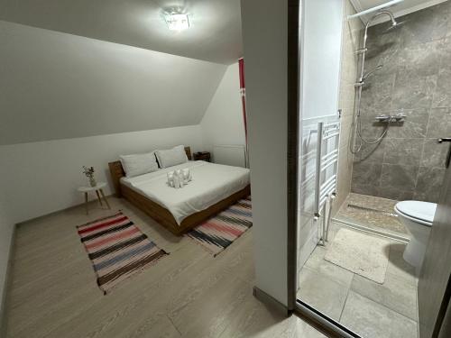 a bedroom with a bed and a shower and a toilet at Cabana Caterina in Topliţa