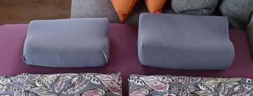 two pillows sitting on top of a purple couch at 3,5 Zimmer Parterre Wohnung in Alpnach