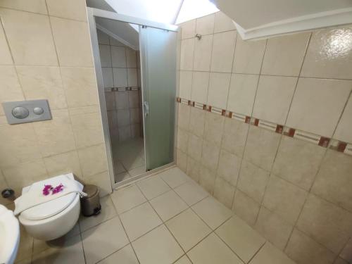 a bathroom with a toilet and a glass shower at Bucak Apart Hotel Göcek & Beach in Göcek