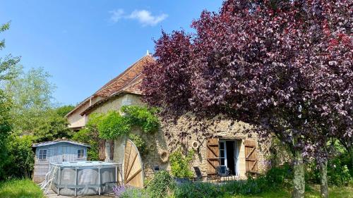 a stone house with a tree in front of it at La Bergerie in Thollet