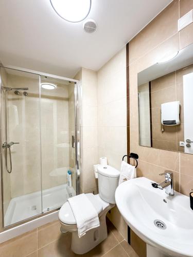 a bathroom with a toilet and a sink and a shower at Apartamento Máis by ALÔGA in Fisterra