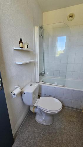 La salle de bains est pourvue de toilettes blanches et d'une baignoire. dans l'établissement Studio Gare Corte, à Corte