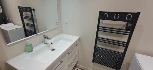 a bathroom with a sink and a mirror at Charmant T3 centre Pau - Balcon in Pau