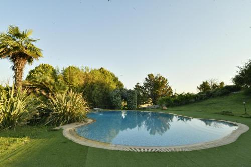 a swimming pool in a garden with a palm tree at Spacious 4 bedroom Luxury Villa with Lush Gardens Close to City & Beach in Alexandroupoli