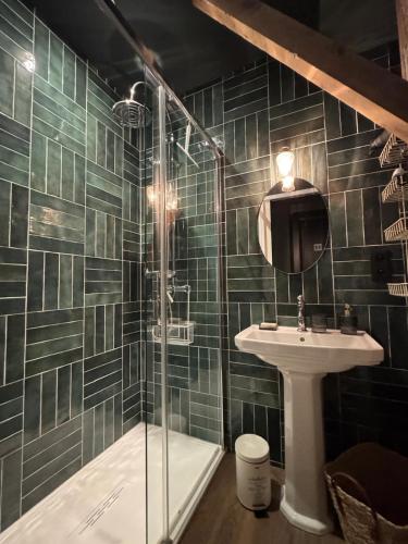 une salle de bain avec un lavabo et une douche en verre dans l'établissement My little loft in the heart of the city, à Tours