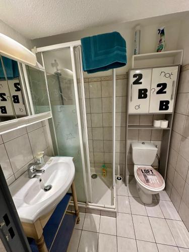 une petite salle de bain avec un lavabo et des toilettes dans l'établissement Appartement à 6 minutes à pied de la mer, à Cagnes-sur-Mer