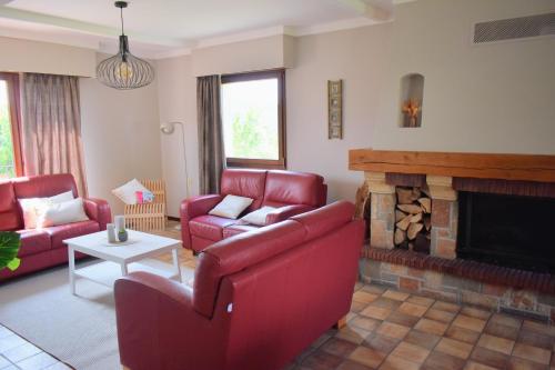 a living room with a red couch and a fireplace at Villa de Mamoune in Martelange