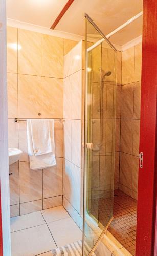 a shower with a glass door in a bathroom at Mossie Inn Accommodation in Swakopmund