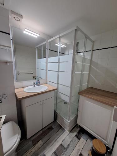 une salle de bain avec un lavabo, une douche et des toilettes dans l'établissement Charmante maison de vacances proche plage Saint Hilaire de Riez, Vendée, à Saint-Hilaire-de-Riez