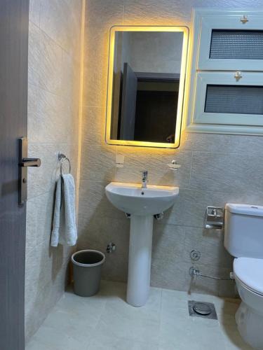 a bathroom with a sink and a mirror and a toilet at Bayt Hassan S18 - Fabulous Roof top 1 bedroom apartment in Hurghada