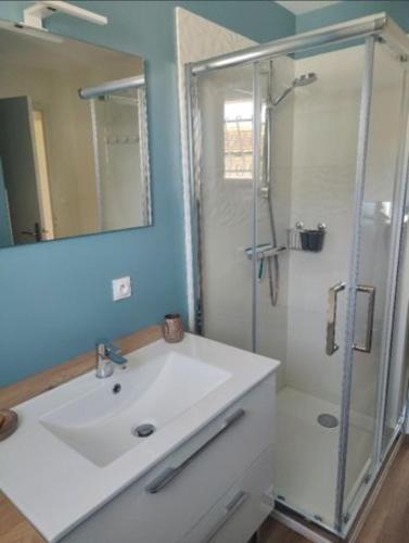 une salle de bain avec un lavabo blanc et une douche dans l'établissement Jolie maison brévinoise, à Saint-Brévin-les-Pins