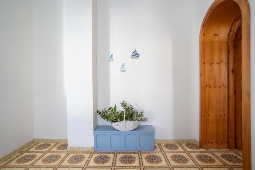 a plant in a blue box on a floor next to a door at Tra Cielo e Mare in Otranto
