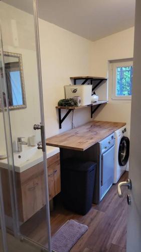 une petite cuisine avec un évier et une machine à laver dans l'établissement Villa Les Pins - Mer & Montagnes, à Toulon