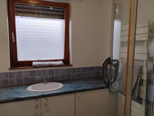 une salle de bain avec un lavabo et une fenêtre dans l'établissement Résidence Frontière Basel Airport, à Saint-Louis