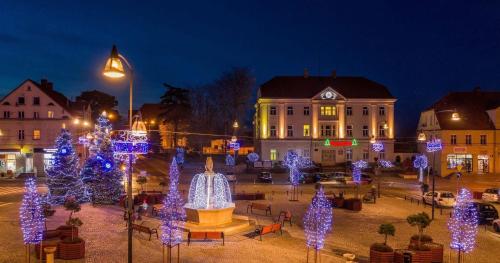 a town with christmas trees and blue lights at Przytulne Studio Góry Sowie in Bielawa