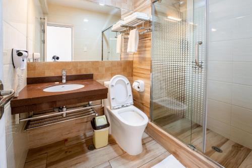 um banheiro com vaso sanitário, pia e chuveiro em Quadrum em Lima