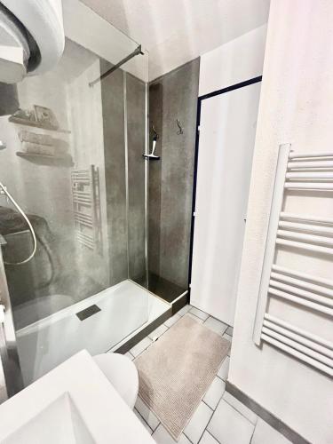 une salle de bain avec douche et toilettes dans l'établissement Appartement cosy à Balaruc, à Balaruc-les-Bains