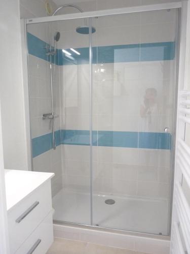 une douche avec une porte vitrée dans une salle de bain dans l'établissement Beau 2 pièces, très belle vue mer, à Six-Fours-les-Plages