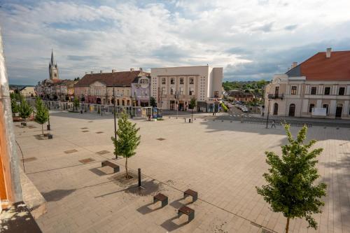 a town square with trees and buildings and a church at Vintage Apartament Turda in Turda